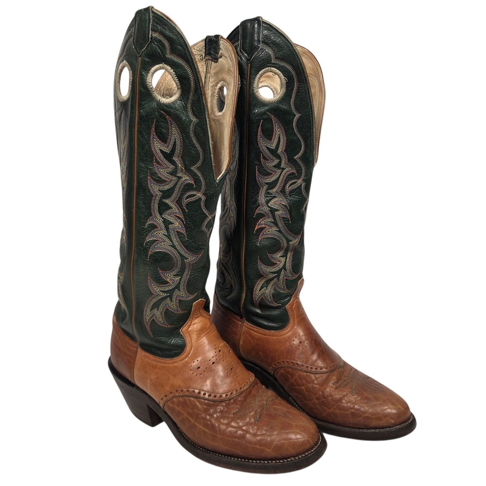 Vintage 80's TONY LAMA Buckaroo Boots 9D Green Tall Walrus Bullhide Leather 6363